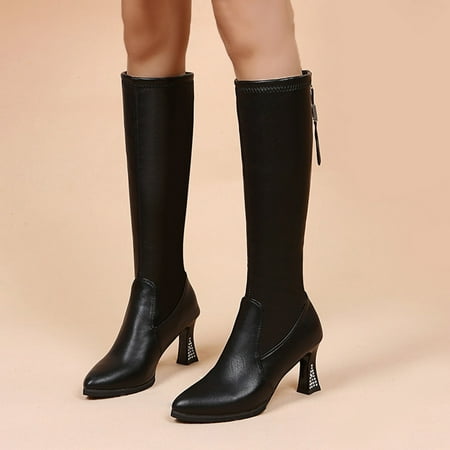 

Womens Shoes Fashion Solid Color Stretch Boots Leather Back Zipper Rhinestone Wine Glass Heel Knee Boots