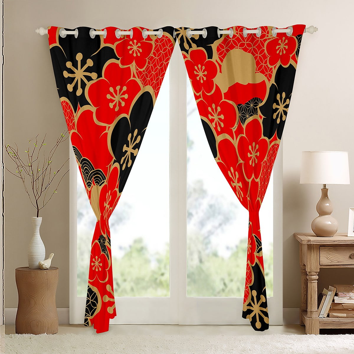 Japanese-Style Curtains Women Cherry Blossoms Curtains & Drapes, Black and Red 30%-50% Blackout Curtains Girly Flower Floral Bedroom Curtains, Exotic Oriental Window Treatments
