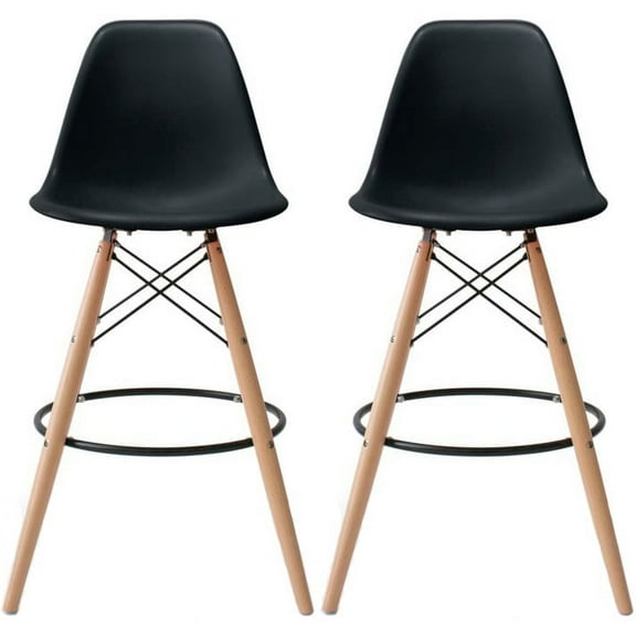 2xhome Set of 2 Modern Plastic Barstools 28" Seat Height Kitchen Island Stools with Back Eiffel Chairs Natural Wood Legs Black