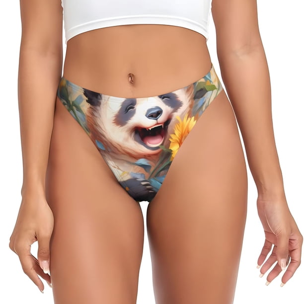 Balery Elegant Cute Panda Sunflower Tangas de Algodón para Mujer con Estampado – Ropa Interior Sexy, Transpirable, G-string-X-Large
