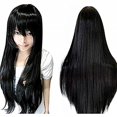 thumbnail image 1 of Peluca ANOGOL para cosplay, larga, recta, negra, 80 cm, con flequillo, 1 of 7