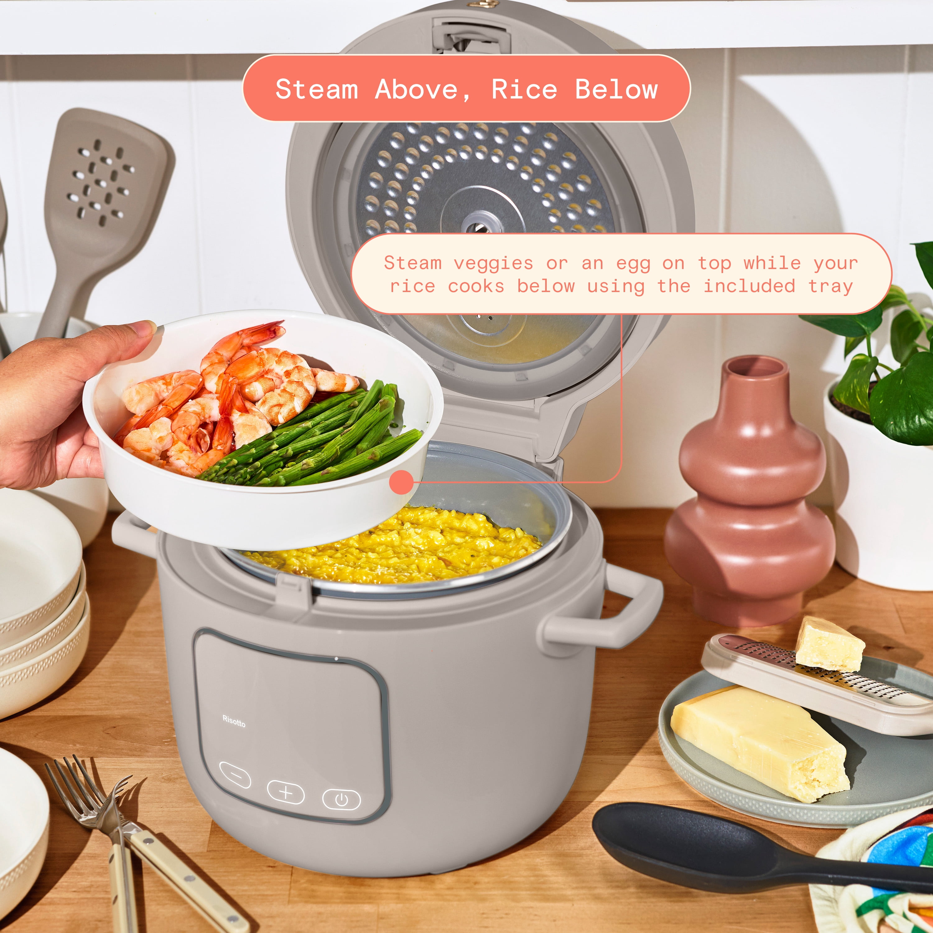 Beautiful 14-Cup Cooked, 6-Cup Uncooked Electric Rice and Grain Cooker, EverGood Ceramic Nonstick Coating, Porcini Taupe by Drew Barrymore