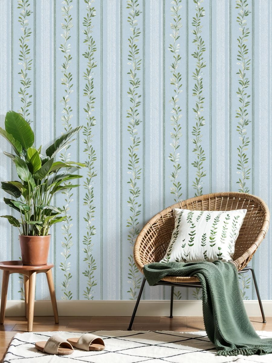 Sage Green Peel and Stick Wallpaper Elegant Floral Vine Light Blue Subtle Stripes Wall Mural 23.6in x 9.8ft Self Adhesive Removable Wall Paper Renter Friendly Wallpaper for Girls Bedroom