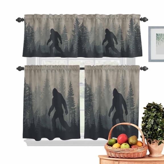 Forest Bigfoot Kitchen Curtains Valances 3 Piece Set, Vintage Sasquatch Animal Silhouette Foggy Dark Forest Plant Rod Pocket Tier Curtain & Valance Drapes for Small Window 24 Inch Length for Bedroom