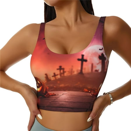 Adobk Pumpkins Print Sports Bras for Women Longline Workout Crop Tank Tops Padded with Built in Shelf Padded Sports Bra-Large