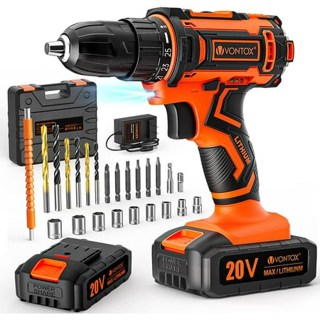 

Drill Set 20V Cordless Drill with 2 Lithium-ion Batteries 2.0AH & Fast Charger Home Power Drill 3/8 Keyless Chuck 370 In-lb Torque 2 Speed 25+1 Position 24pcs Drill/Driver Bits