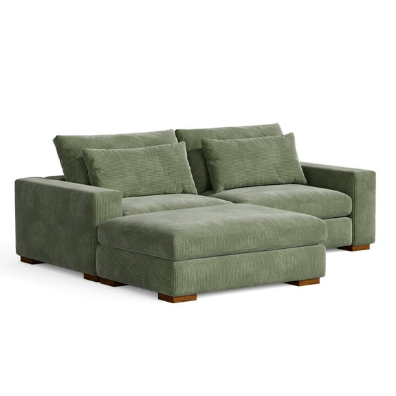 Isabella Sectional Sofa Corduroy Velvet with one Ottoman in Green Color