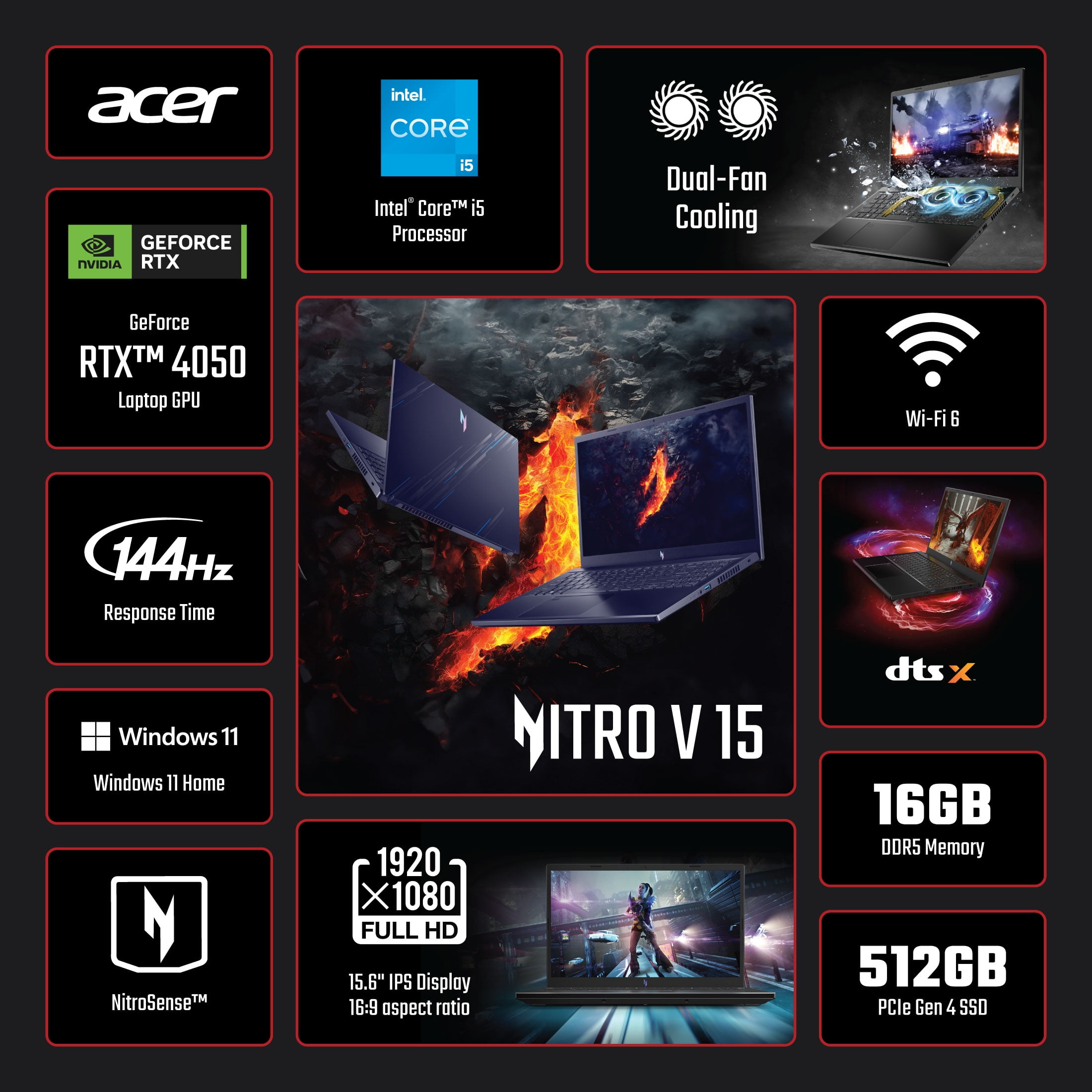 Acer Nitro V 15.6 inch FHD 144Hz Gaming Laptop Intel Core i5-13420H NVIDIA GeForce RTX 4050 16GB DDR5 512GB Black Windows 11