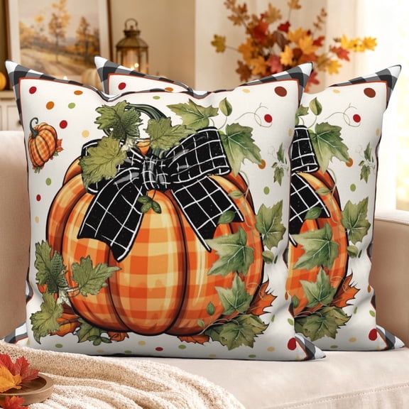 Orange Buffalo Plaid Pumpkin Throw Pillow Covers 18x18 Set of 2 Double-Sided Fall Thanksgiving Soft Cushion Covers Farmhouse Autumn Decor