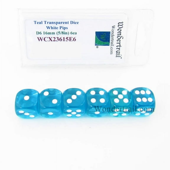 Teal Translucent Dice with White Pips D6 16mm (5/8in) Pack of 6 Wondertrail