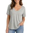 thumbnail image 3 of HuangHuanChen Women's Short Sleeve T Shirt V Neck Oversized Tshirt for Women Casual Loose Fit Basic Tee Solid Color Tshirt Shirt Grey S, 3 of 6