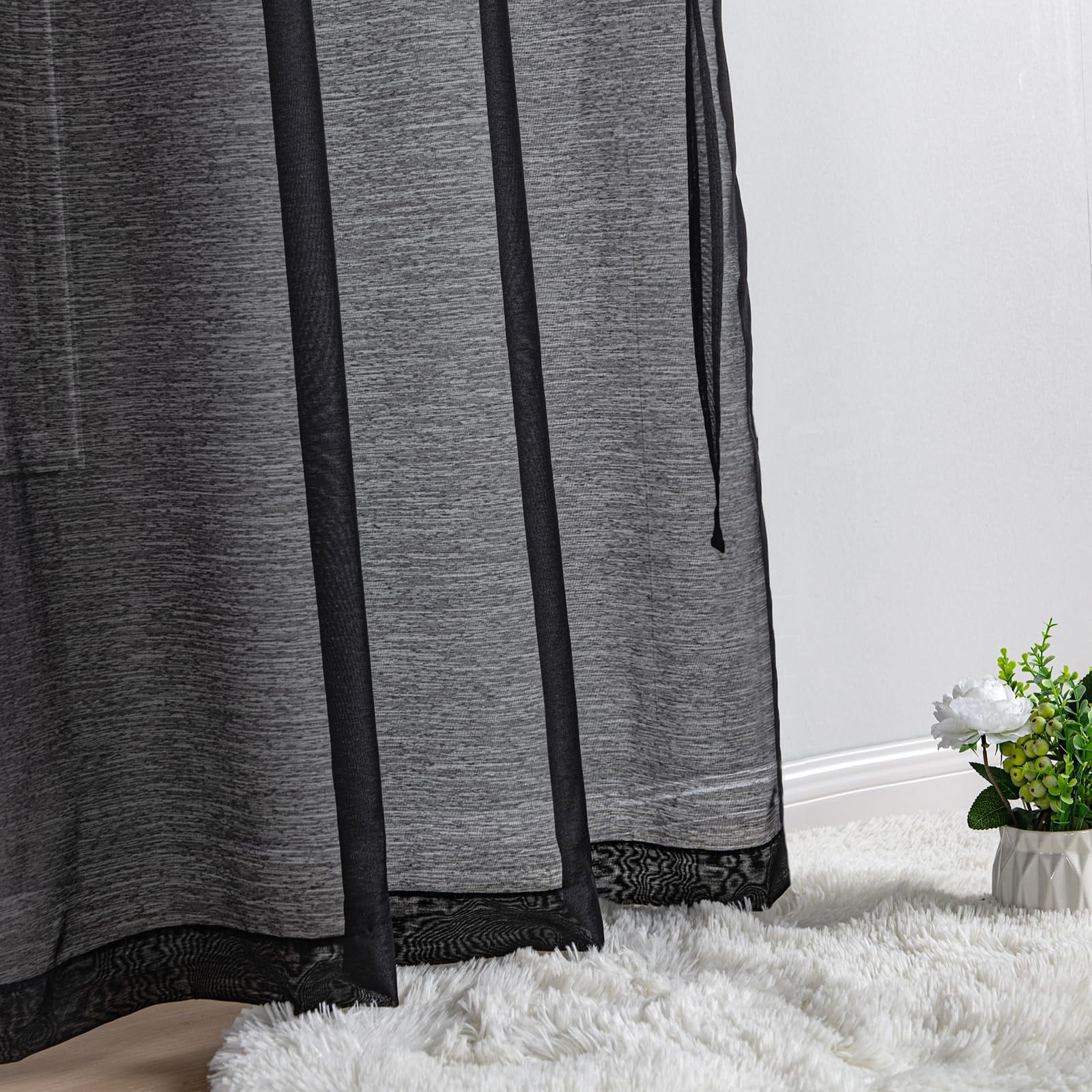 JIUZHEN Black Sheer Curtains 63 Inches Long - Semi Transparent Light Filtering Grommet Window Drapes for Living Room/Bedroom, 52Wx 63L, Set of 2 with Tiebacks