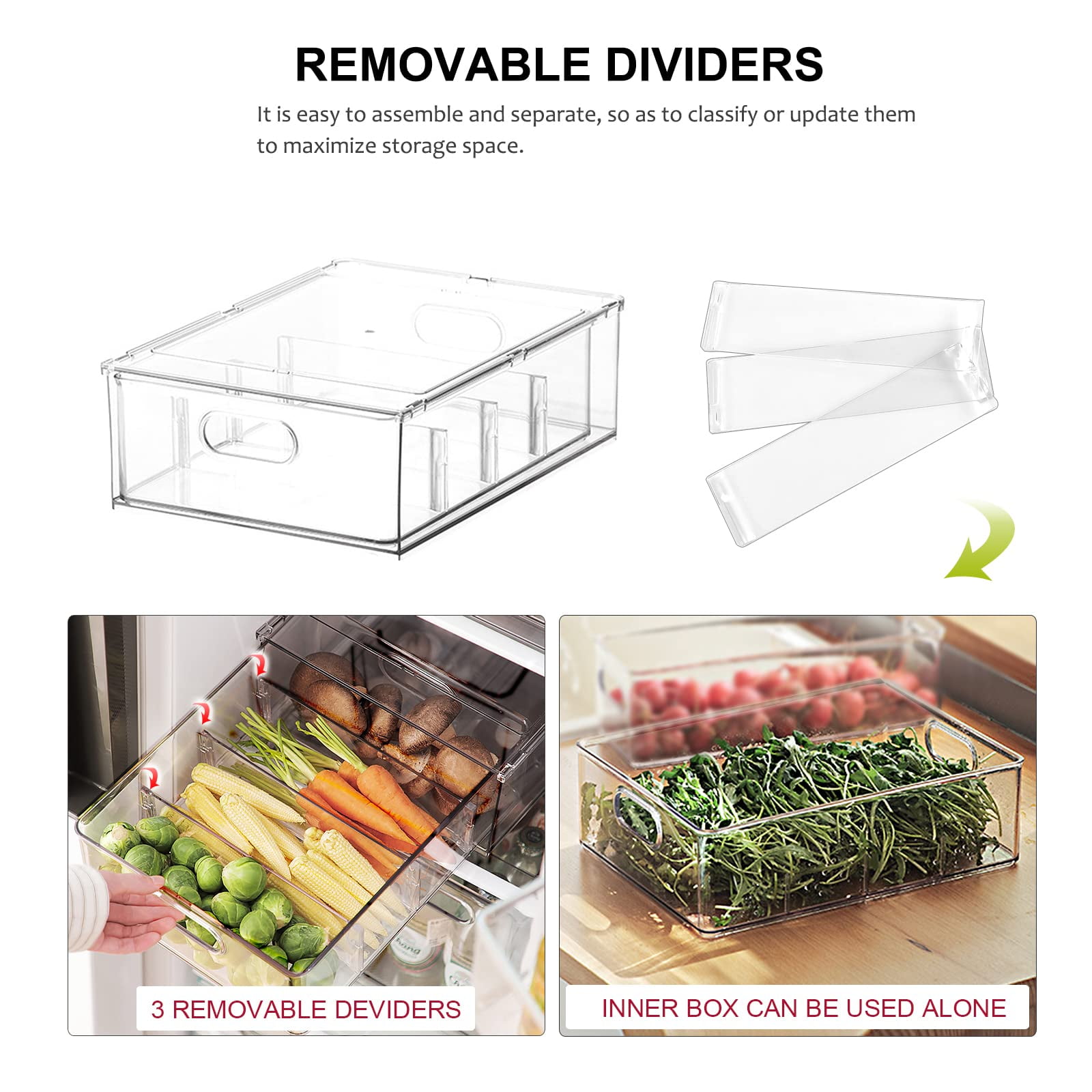 Clear Organizer Bins With 3 Removable Dividers Snack Vegetable