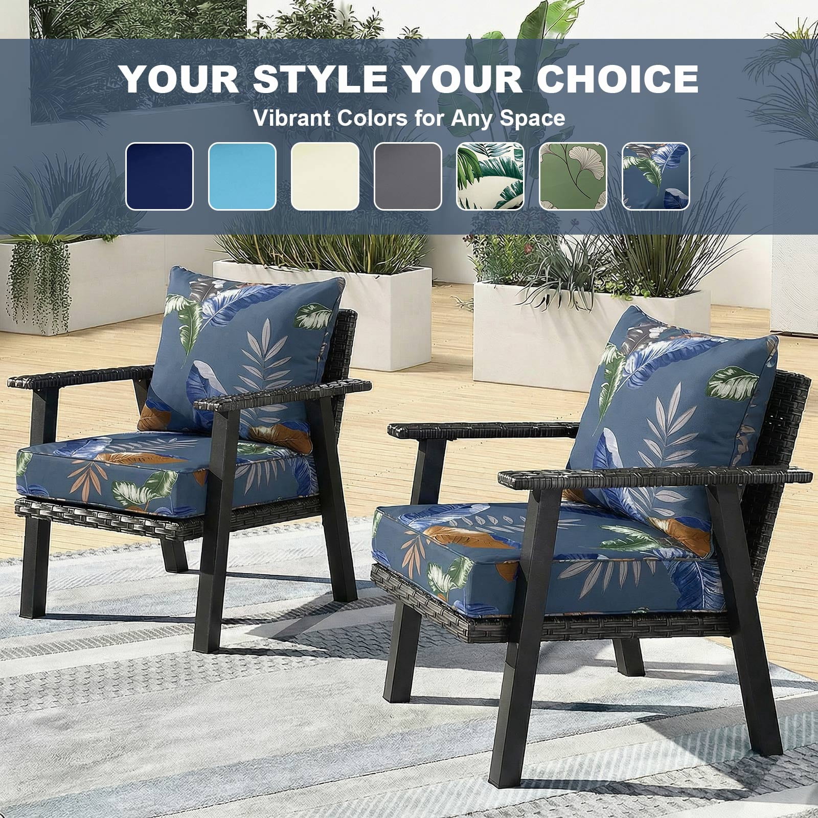 Outdoor Seat Cushion Set 24 x 24 Inch Waterproof & Fade Resistant Patio Furniture Cushions with Removable Cover, Outdoor Sofa Replacement Seat & Back Cushions for Chair Sofa Couch, Blue Leaves