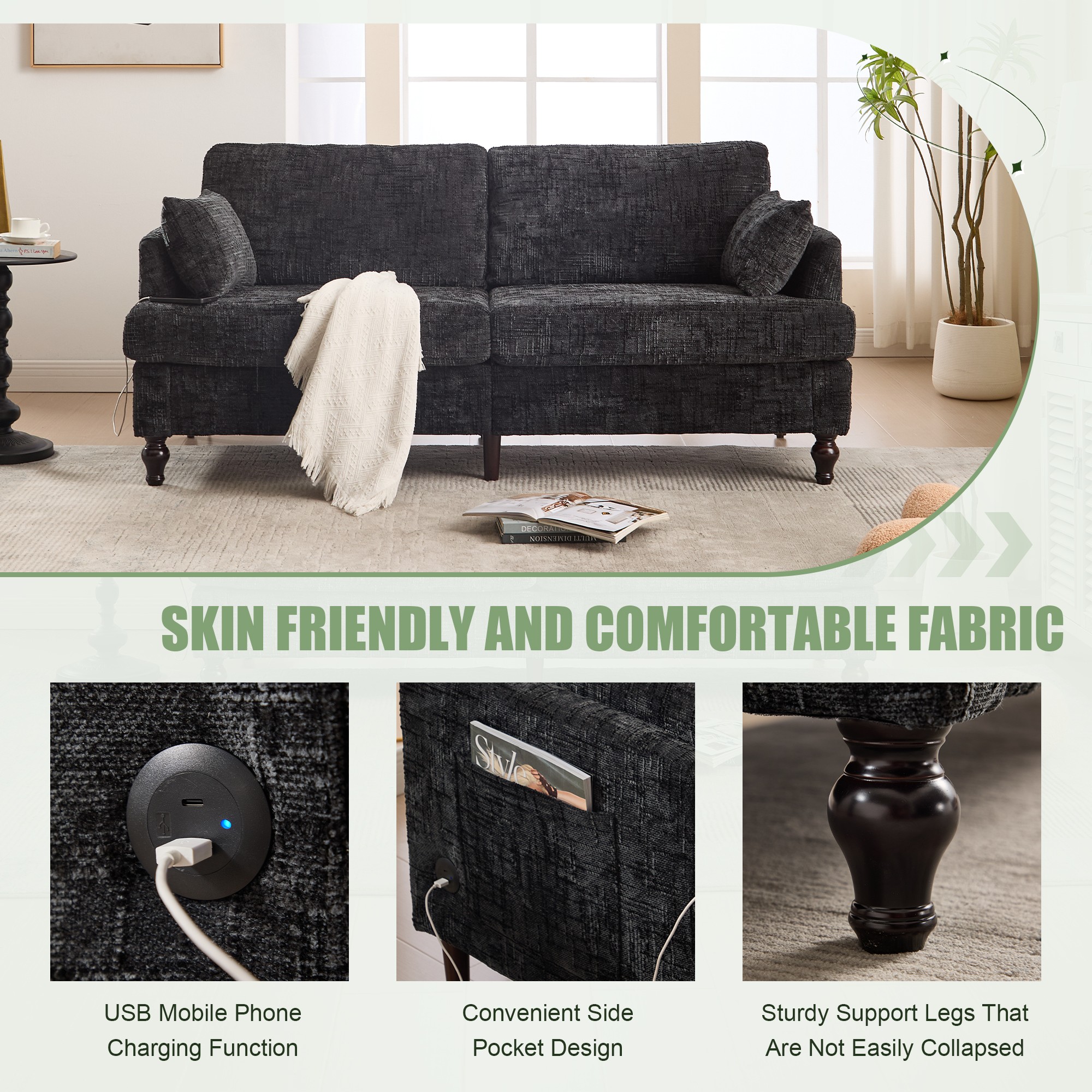 68.9" Sofa Couch,Modern 2 Seater Upholstered Loveseat Sofa Couch with LED Light&USB for Living Room,Bedroom,Black