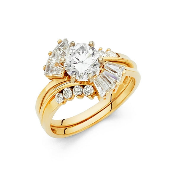 14k Yellow Gold CZ Round Engagement Ring & Wedding Band Solitaire CZ Bridal Rings Set Side Stone, Size 7