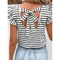 thumbnail image 6 of Women's Summer Fly Sleeves Tops Stripe Print V-Neck Back Tie Bow Loose T-Shirt Streetwear, 6 of 9