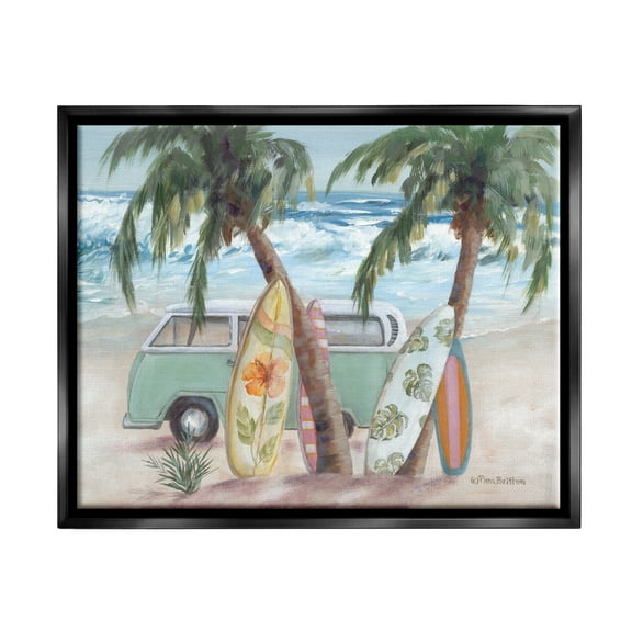 Stupell Summer Waves Tropical Van Surfboards Landscape Painting Black Floater Framed Art Print Wall Art