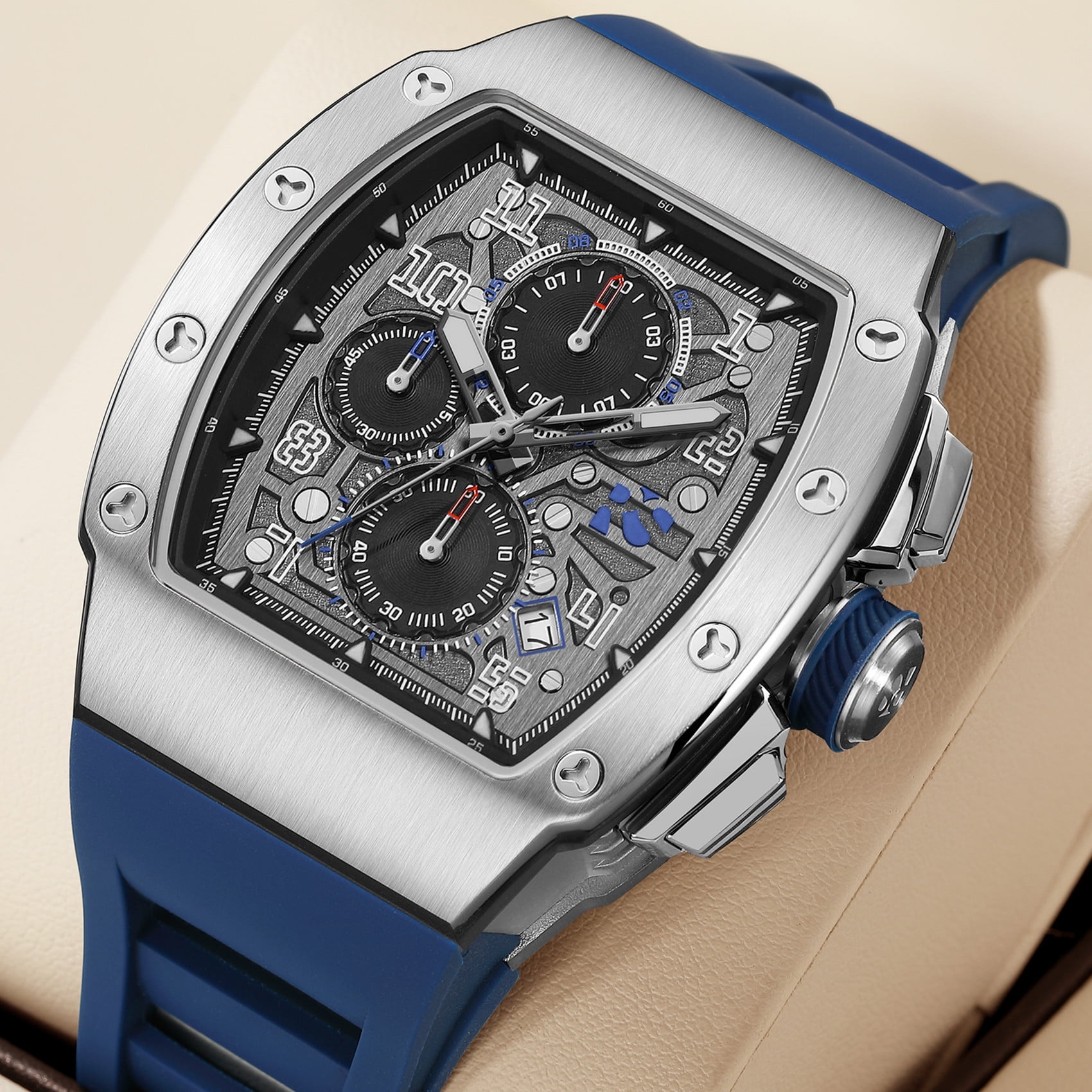 New Men's Sport Watch, Tonneau Case, Japan VD57 Quartz Chronograph, Silicone Band, 3ATM Waterproof