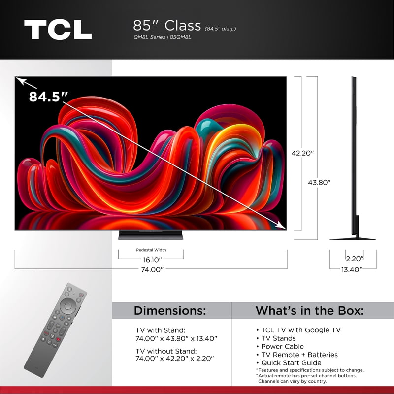 TCL 85” QM8L Series SQD-Mini LED QLED Smart Google TV (NEW 2026) - TCL Deep Color System with Super QLED, Up to LD4000 Precise Dimming Series, Up to HDR6000 Peak Nits, WHVA 2.0 Ultra Panel - 85QM8L front and back view