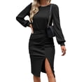 thumbnail image 2 of Vestido Color Sólido Cintura Apretando Lado Dividido Mangas De Linterna Casual Cómodo Transpirable Vestido De Mujer Negro S, 2 of 5