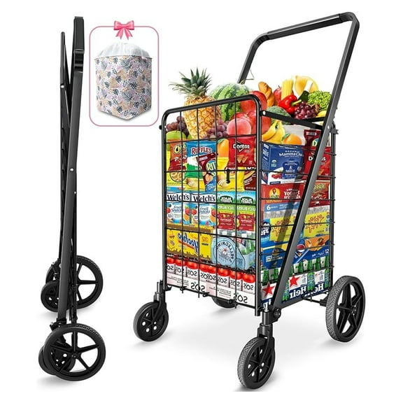 Folding Shopping Cart, 27GAL/220lb, Rolling Grocery Cart with Wheels, Collapsible Utility Cart with Liner for Laundry, Office & Luggage