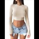 thumbnail image 2 of Tops Cortos de Larga para Mujer 2025 - Camisetas Básicas de Cuello Redondo y Corte Entallado para Otoño Albaricoque L, 2 of 8