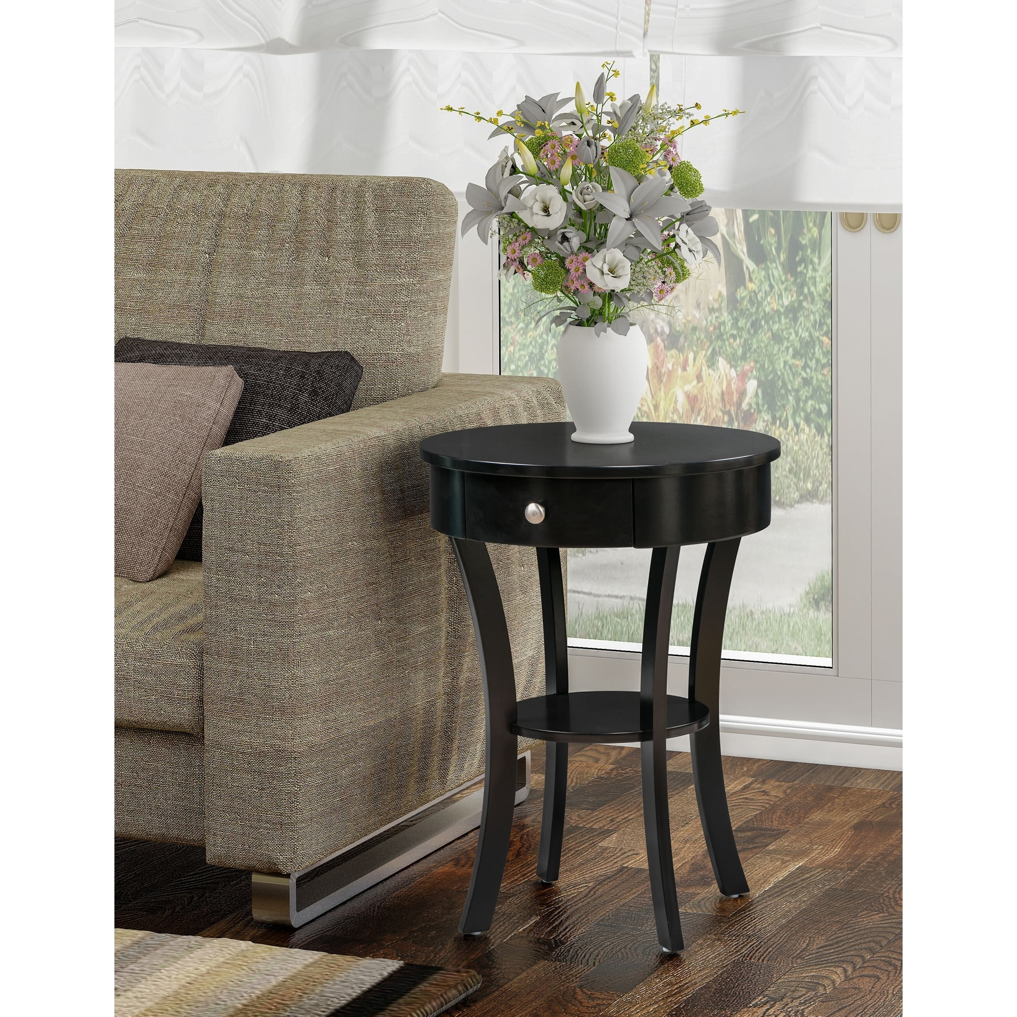 Copper Grove Round End Table with Drawer Black Rubberwood Solid Wood