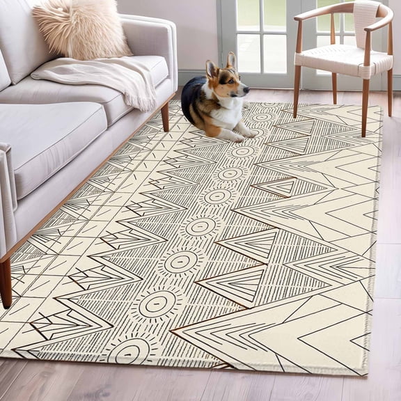 Beige Boho Area Rugs 2.7'x5', Washable Small Throw Rugs for Kitchen Bedroom, Vintage Ethnic Tribe Abstract Art Indoor Outdoor Rug Non-Slip Low Pile Carpet Runner Reversible Floor Mats