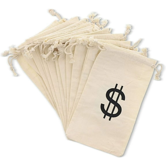 Juvale Money Bags Canvas Drawstring Pouches - 12 Pack, 4.3 x 7 In, Beige - Pirate Loot Bags for Kids