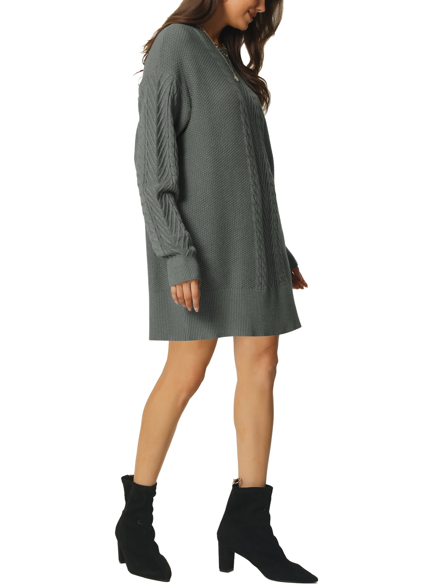 Unique Bargains Womens' Textured Long Sleeve Above Knee Casual Sweater Dress M Grey