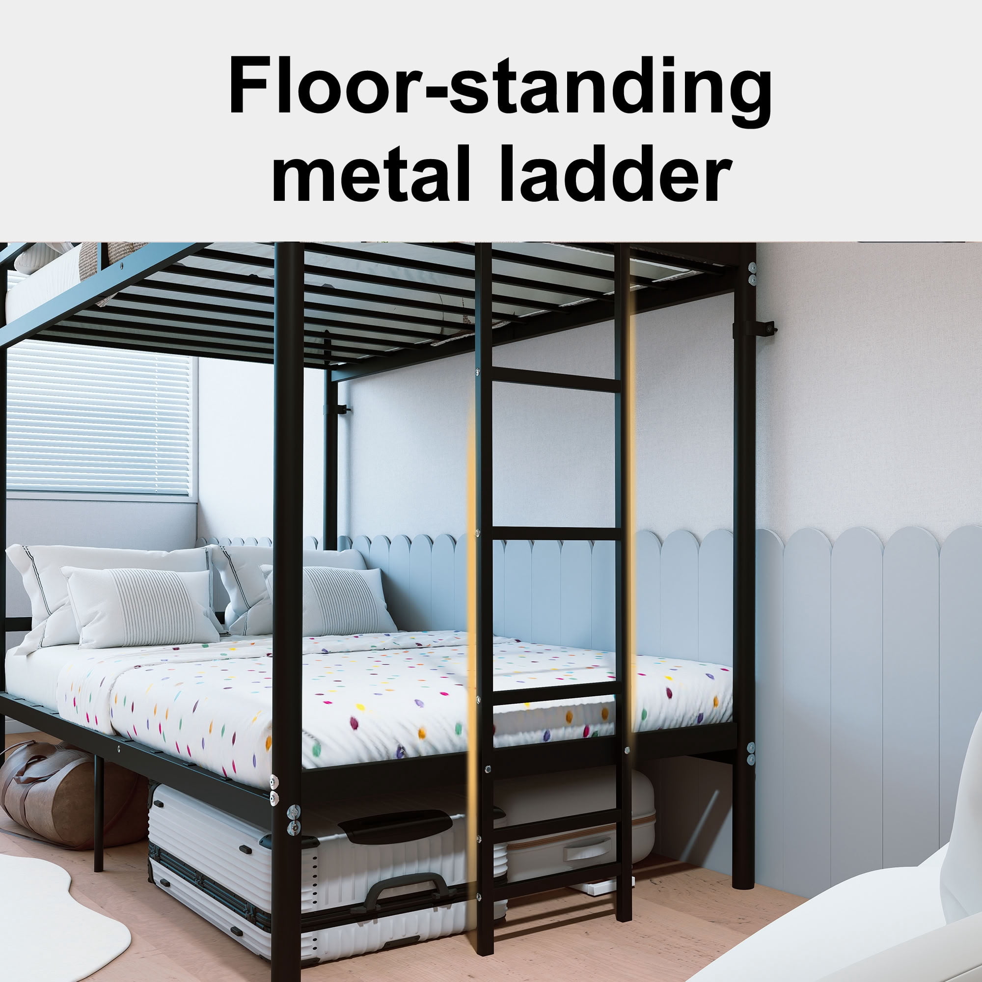 MAYEERTY Twin Over Twin Metal Bunk Bed with Ladder and High Guardrail, Split into 2 Separate Twin Beds, Noise-Free Storage Space, for Kids Teens Adults Bedroom Dorm