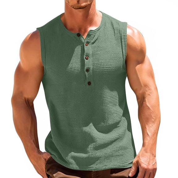 Xcmzpl Mens Casual Tank Tops Waffle Knit Sleeveless Button Up Henley Shirt Summer Beach T Shirts Solid Color Workout Muscle Tee