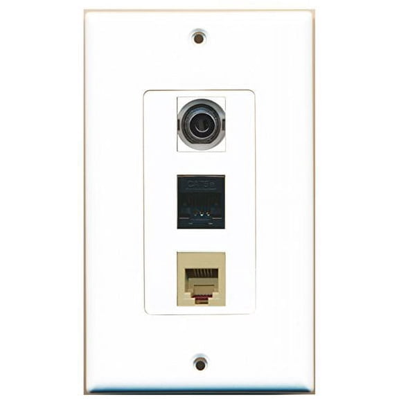 RiteAV - 1 Port Phone RJ11 RJ12 Beige and 1 Port 3.5mm and 1 Port Cat5e Ethernet Black Wall Plate Decorative