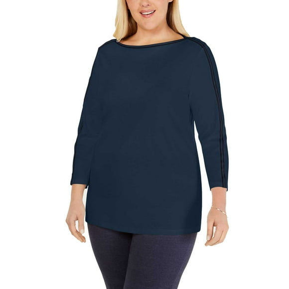 Charter Club Woman’s Cotton Athletic-Trim Top (Intrepid Blue, 0X)