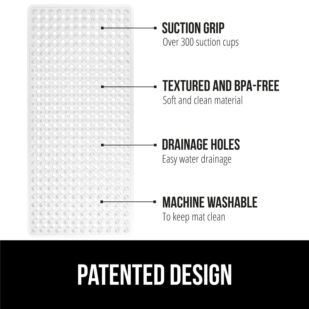 GORILLA GRIP Patented Bath Tub Shower Mat, Machine Washable Bathtub Floor Liner Mats, Suction Cups and Drain Holes to Keep Tubs Clean, Soft on Feet, Bathroom Essentials, 35x16 Inch, Frosted Clear