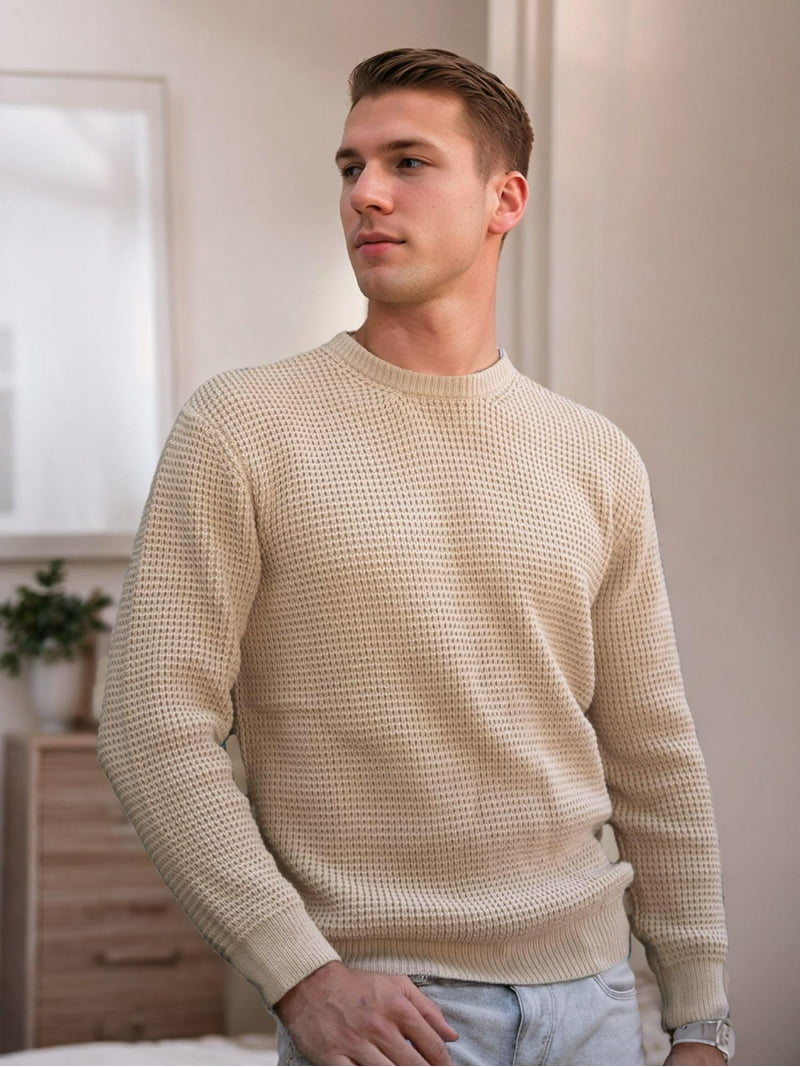 Coshow Mens Crewneck Pullover Sweater Waffle Textured Long
