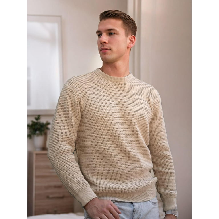 Coshow Mens Crewneck Pullover Sweater Waffle Textured Long Coshow Mens Crewneck Pullover Sweater Waffle Textured Long