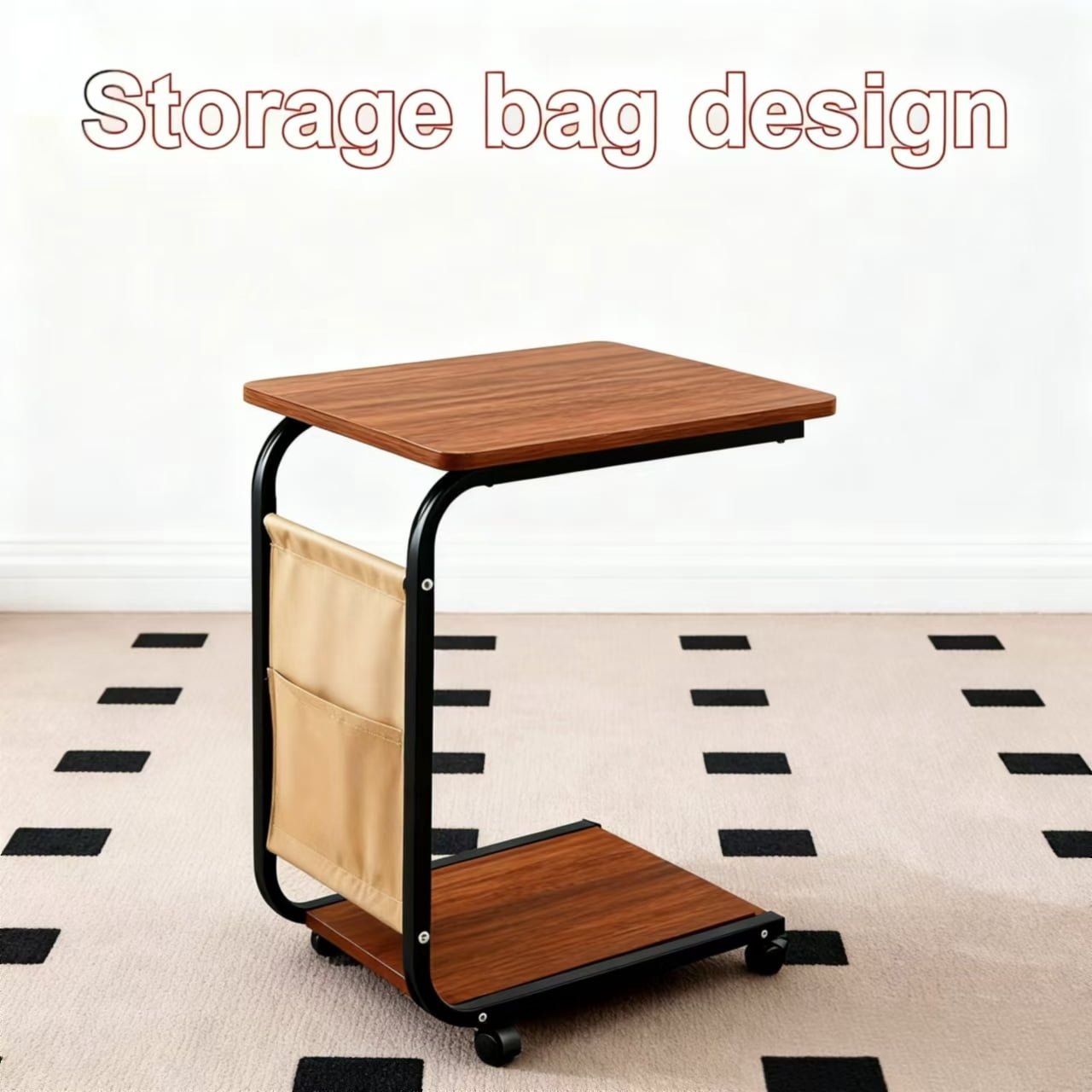 Howcool C-Shaped End Table with Wheels, 25.1" Mobile Sofa Side Table Slide Under Couch, Double Layer Storage & Side Pocket, Space Saving Brown for Living Room Bedroom, 2-Pack