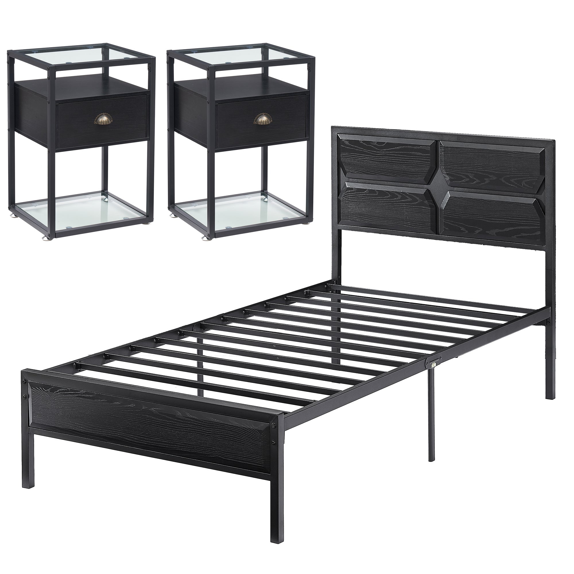 VECELO 3Piece Bedroom Set Twin Platform Bed Frame and Glass Top