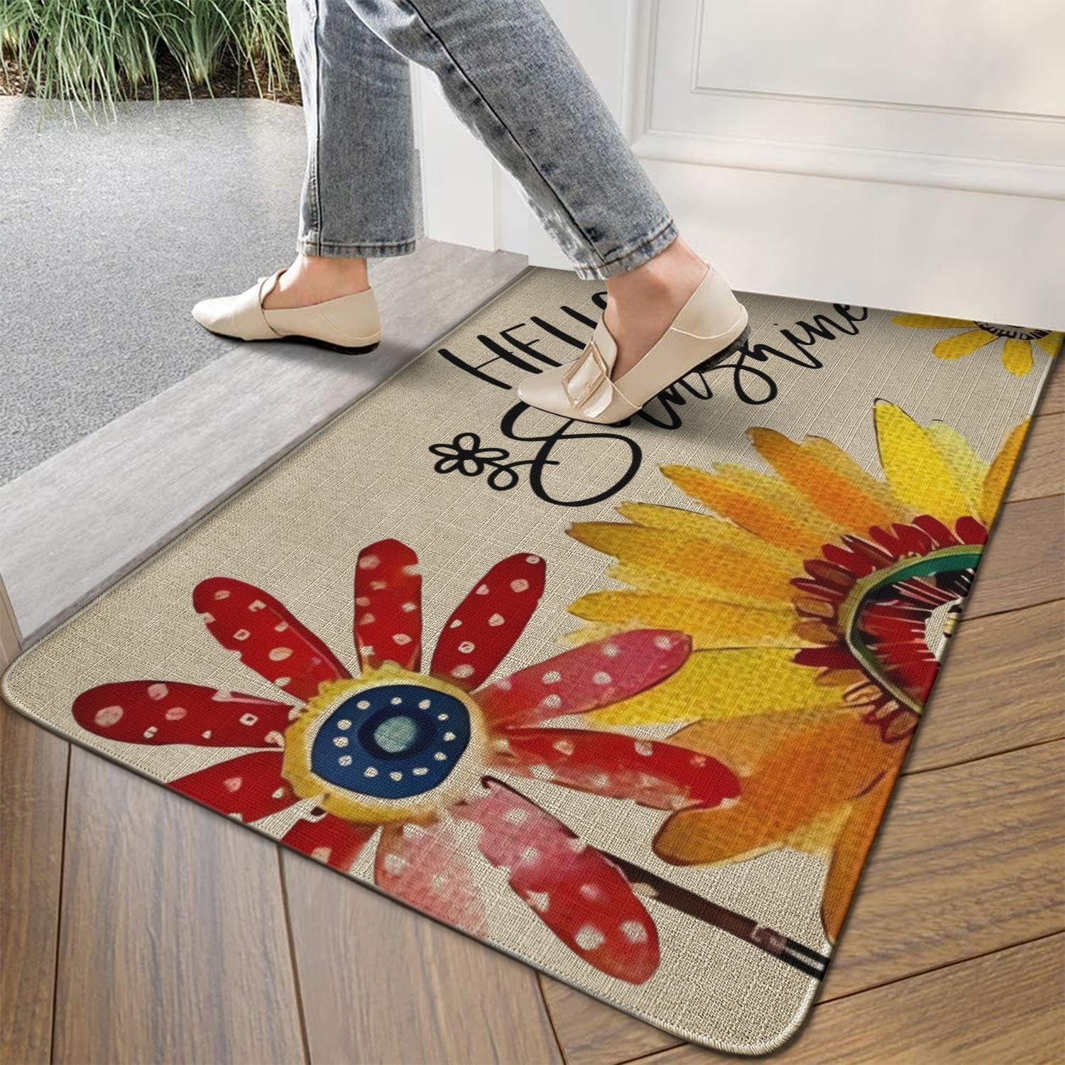 Hello Summer Door Mat 30 X 17 Inch Doodle Sunflower Butterfly Door Mat Indoor Outdoor Entrance Floor Mat Non Slip Summer Decor Rubber Welcome Mats