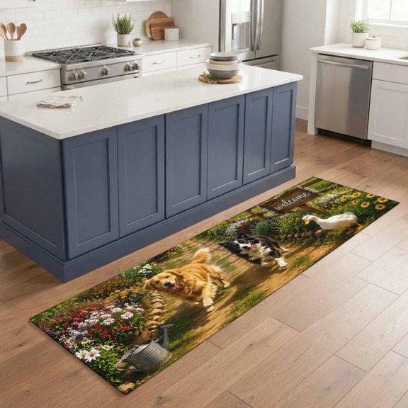 Hallway Runner Rug 2'x6', Cute Dog Kitchen Runner Rugs Non-Slip Carpet Mats, Famrhouse Welcome Garden Floral Botanical Bedside Rugs Runners Washable Floor Carpet for Bathroom Laundry Room