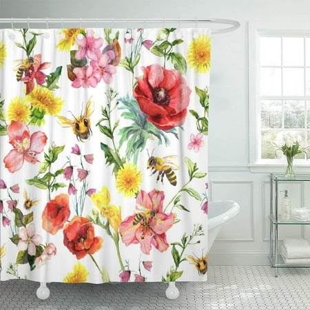 Red Shower KSADK Pink Blossom Honey Bees Meadow Flowers Summer Pattern Watercolor Red Color Water Botanical Bathroom Shower Curtain 60x72 inch ()