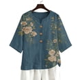thumbnail image 6 of Ounisa Womens 3/4 Sleeve Blouses V Neck Cotton Linen Print Button Detail Casual Fashion Spring Summer Daily Wear Shirts S-2XL, 6 of 6