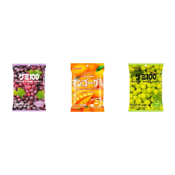 3 Pack Kasugai Gummy Candies, Made in Japan, Gluten Free, Mix 3 Flavor (Grape Frutia,Mango,Mmuscat) Plus NineChef Brand Long Handle Coffee Spoon