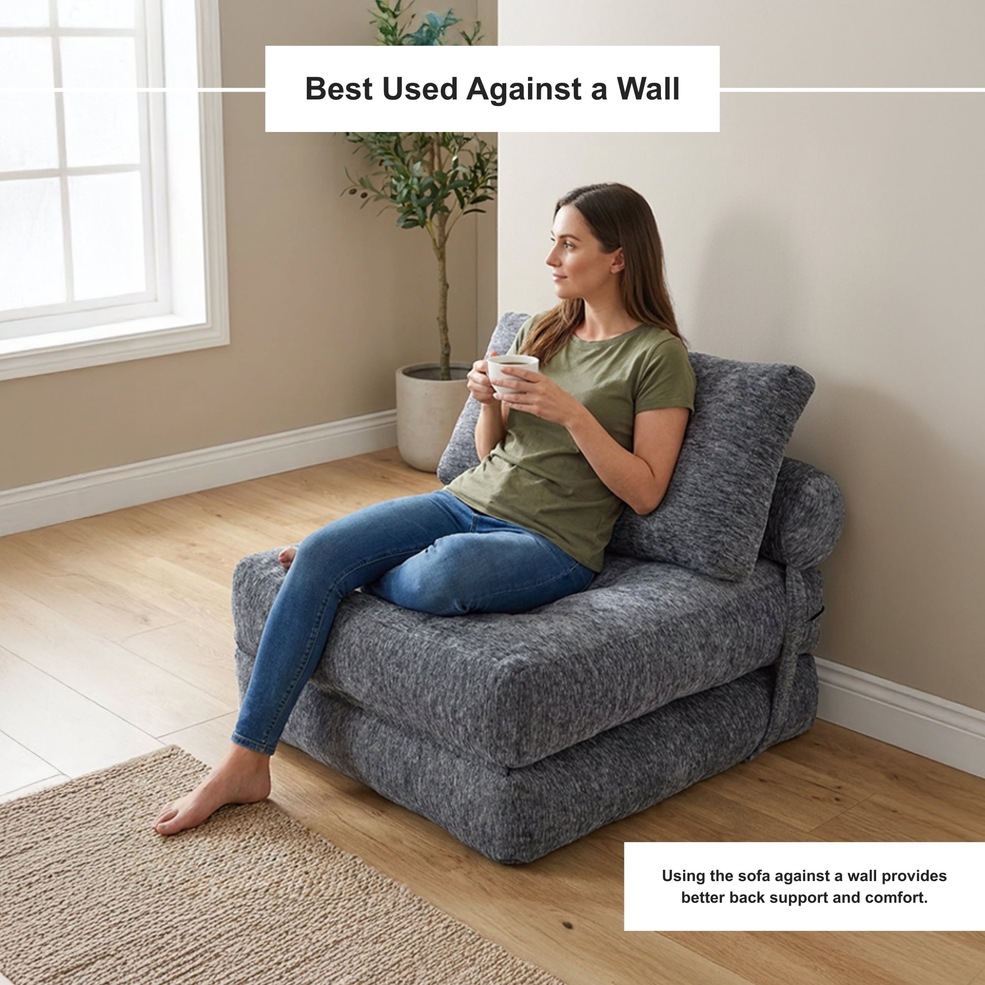 Oak and Birch Boneless Folding Sofa Bed, Convertible Floor Futon Chaise Lounge & Sleeper Bed, Shredded Foam Floor Couch for Living Room, Bedroom, Kids Room, Apartment, Chenille, Dark Gray