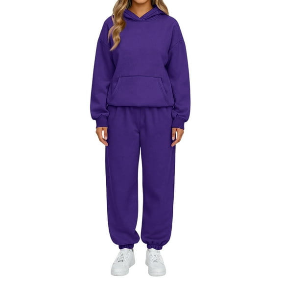 Nokdvo Womens 2 Piece Outfit Fall Winter Long Sleeve Casual Hoodie Sweatsuit Ribbed Sweatsuit Tracksuit with Pockets,Dark Purple L
