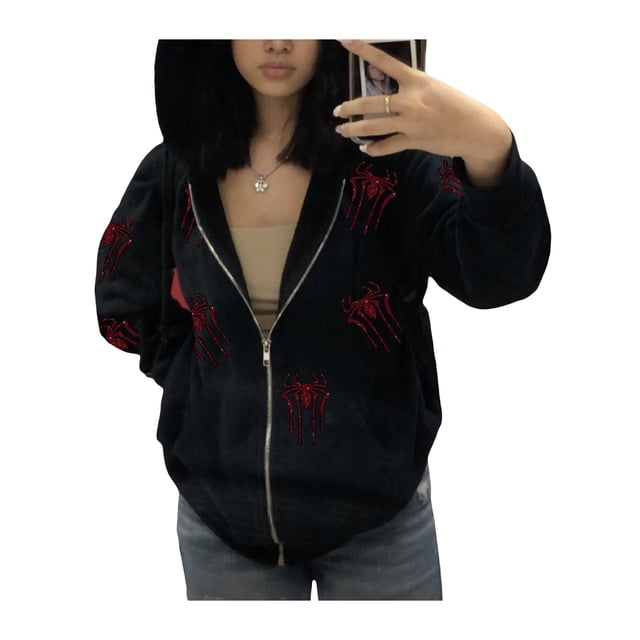 Sunloudy Women Spring Fall Coat, Rhinestones Skull/ Spider Print Long Sleeve Hooded Jacket with Zipper