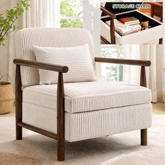Accent Chair with Hidden Storage, LEGAHOME Antique White Modern Arm Chair for Living Room, Comfy Corduroy Reading Armchair for Bedroom, with Solid Wood Leg for 250lbs Weight Capacity