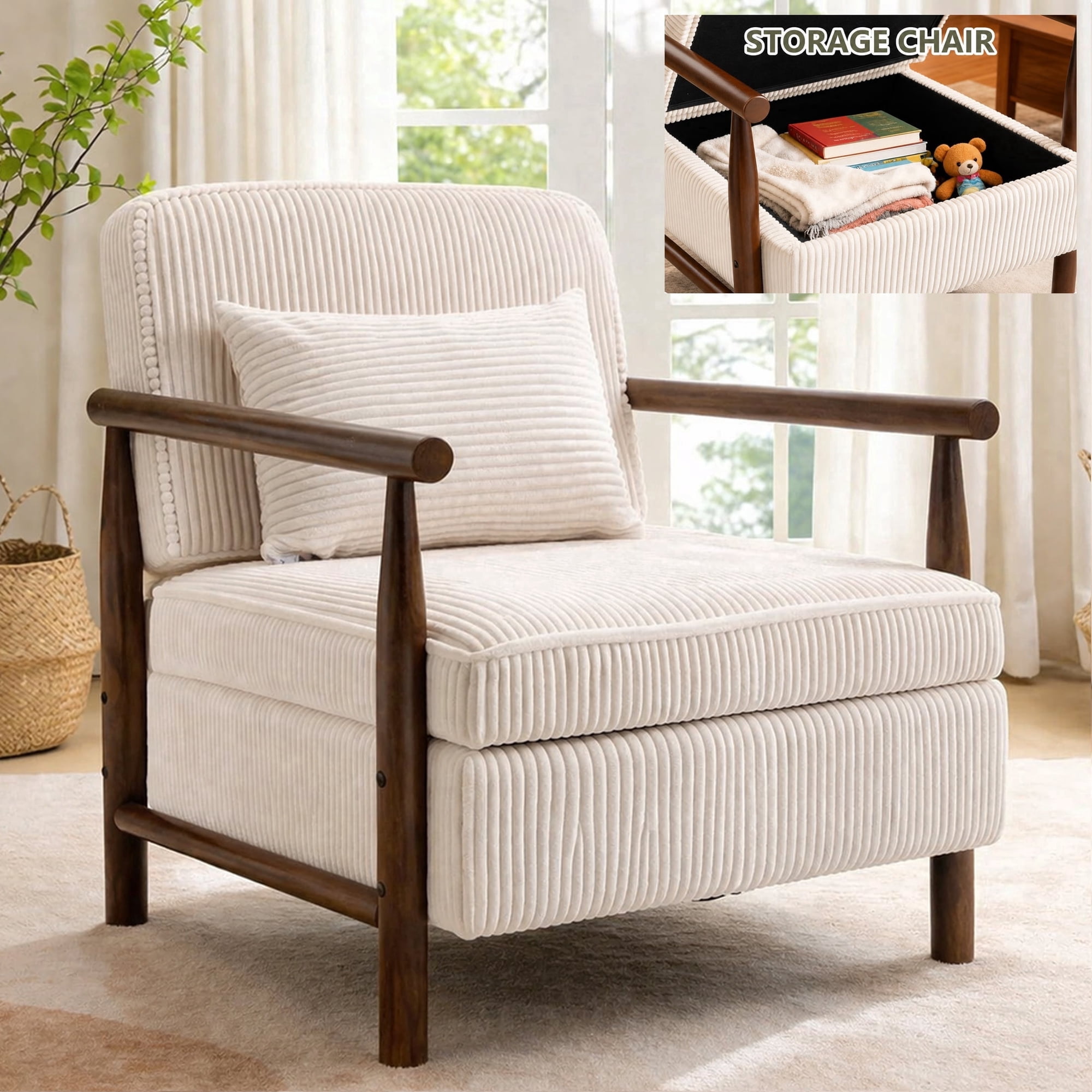 Accent Chair with Hidden Storage, LEGAHOME Antique White Modern Arm Chair for Living Room, Comfy Corduroy Reading Armchair for Bedroom, with Solid Wood Leg for 250lbs Weight Capacity